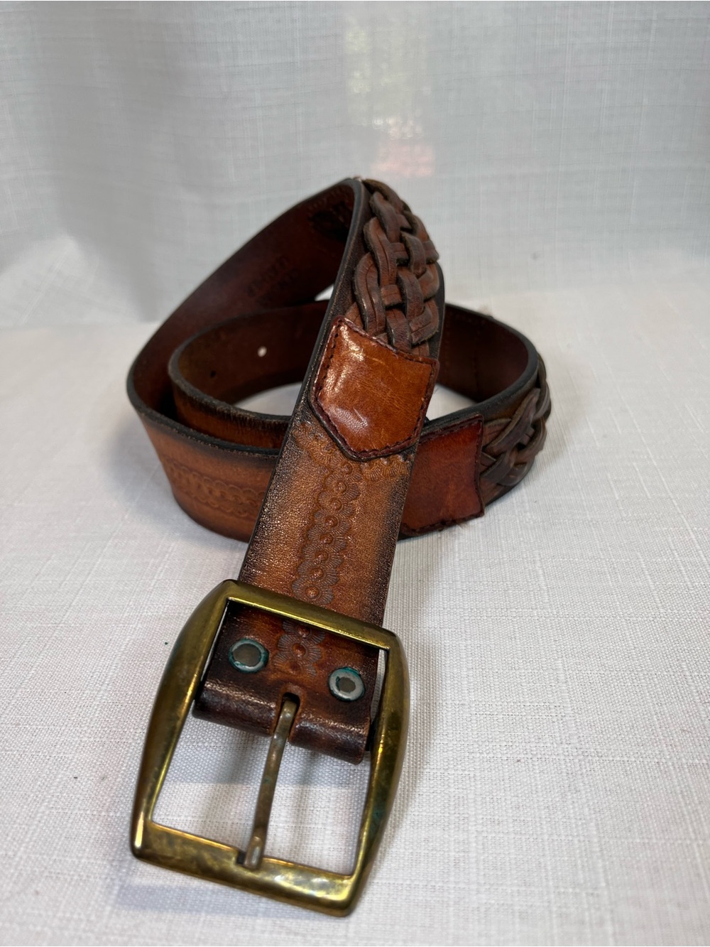 Iceberg Genuine Leather Tooled Braided Brown Belt Size 30 Boho Western Vintage